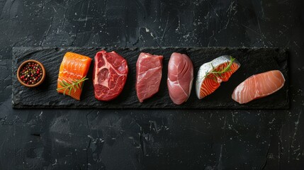 Wall Mural - Top view of a set of raw veal, beef steaks, pork, chicken fillet, and salmon steak on a black stone background, ideal for culinary displays