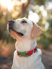 Wall Mural - A dog wearing a red and green collar is looking up at the camera