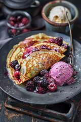 Sticker - A plate of a dessert with berries and ice cream