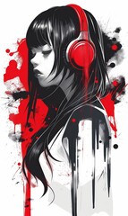 Canvas Print - Black and white anime art of a girl with red splashes of paint