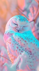 Wall Mural - A white owl sleeps on a branch in winter