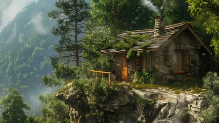 Wall Mural - animation cozy stone cabin on cliff in forested mountain generated with ai