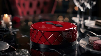 sleek, glossy red cake with a minimalist black tie pattern, set against a backdrop of a formal, black-tie event setting