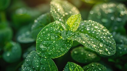 Wall Mural - Dew Drops on Green Leaves