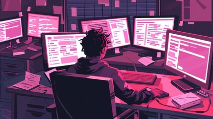 Late Night Coder Working On Multiple Computer Screens In Pink Lit Room