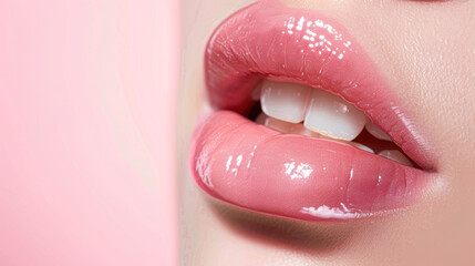 Wall Mural - A woman's lips are painted with a glittery pink lip gloss