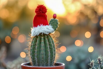 Poster - Cactus wears a red santa hat against a warm bokeh background, symbolizing holiday cheer in an arid climate