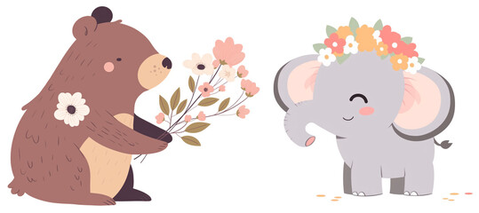 bear with elephant with flower, boho animal nursery cute clipart PNG transparent background, artful illustration 