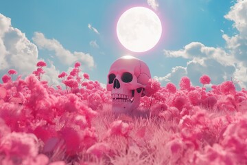 Poster - Pink skull in a field of pink flowers on a blue sky background