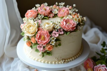 Sticker - Close-up of a beautifully decorated cake with intricate floral icing designs, perfect for celebrations