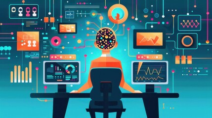 Wall Mural - AI analytics, scientific data processing, flat design illustration