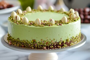 Poster - Vibrant green pistachio cheesecake garnished with nuts rests on a cake stand, perfect for dessert menus