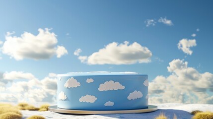 sleek, sky blue cake with minimalist cloud patterns in white, set against a backdrop of a clear, peaceful daytime sky