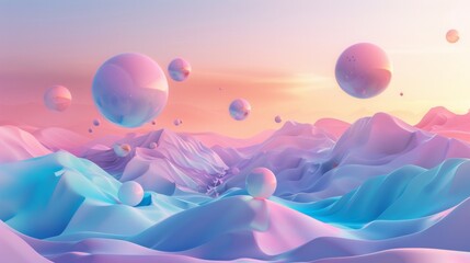 A colorful, abstract landscape with many spheres floating in the air