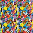 © aviavlad - Colorful abstract pattern with black and white stripes and flowers