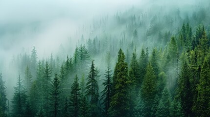 Wall Mural - A forest with trees covered in mist. The trees are tall and green, and the mist creates a serene and peaceful atmosphere