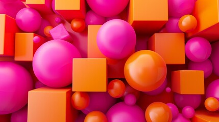 Wall Mural - A colorful image of pink and orange spheres and cubes