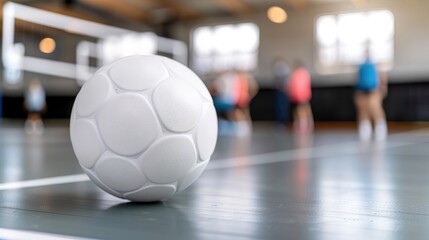 Wall Mural - A white volleyball rests on a table in the foreground, with blurred figures of people playing volleyball in the background.