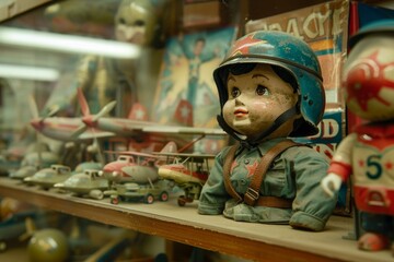 Vintage Toy Airplane and Soldier Figurines Displayed on Shelf in Antique Shop