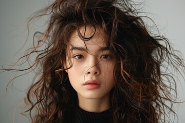 Portrait of young woman with wild curly hair. Studio photography for fashion and beauty concepts.