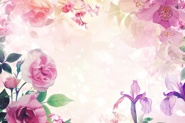  Soft watercolor illustration of garden flowers including roses and irises in a delicate frame with subtle green leaves