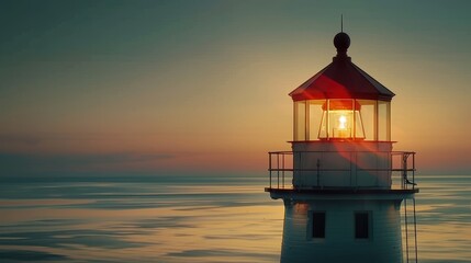 Poster - A lighthouse is lit up at sunset. The light is shining on the water, creating a beautiful and serene atmosphere. The lighthouse is a symbol of guidance and safety, and the sunset adds a sense of calm