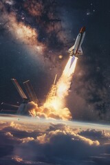 Wall Mural - Rocket Launching from Laptop in Cosmic Background created by ai