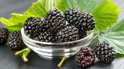 Wall Mural - A Bowl of Blackberries With Lush Green Leaves