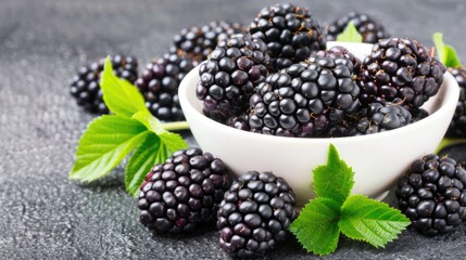 Wall Mural - Blackberry Bowl With Green Leaves