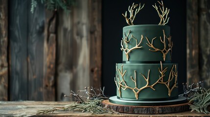 sleek, forest green cake with minimalist gold antler designs, set against a backdrop of a rustic, wilderness-themed event