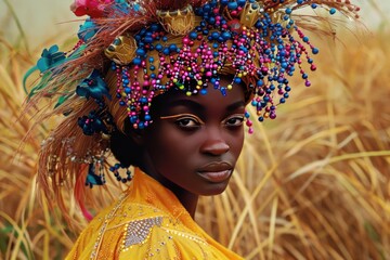 Canvas Print - A woman wearing a colorful headdress and yellow dress