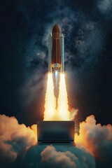Wall Mural - Rocket Launching from Laptop in Cosmic Background created by ai