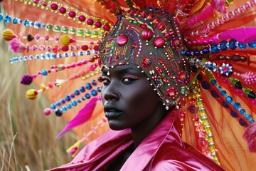 Wall Mural - A woman wearing a colorful headdress with beads and feathers