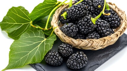 Wall Mural - A Basket of Ripe Blackberries With Lush Green Leaves