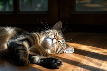 Sticker - Serene tabby cat enjoys a warm sunbath on a wooden floor