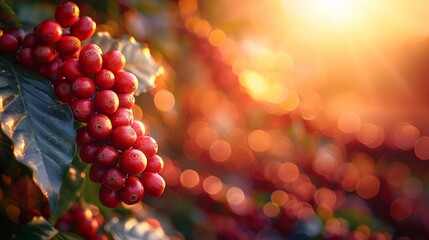 Wall Mural - Coffee beans on tree on sunrise background.