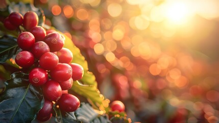 Wall Mural - Coffee beans on tree on sunrise background.