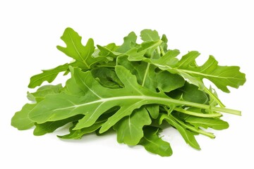 Tender leaves of rocket lettuce against a white backdrop