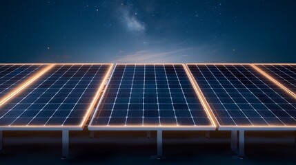 A night shot of a solar farm with LED lights illuminating the panels, under a starry sky, high-resolution photo, realistic photo, cinematography, hyper realistic