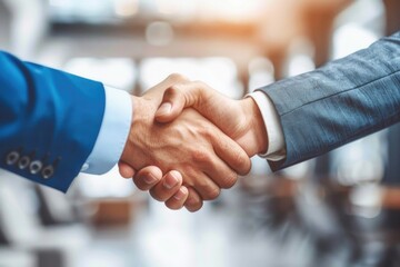 Two businessmen shake hands in a modern office setting, signifying a successful partnership and mutual respect