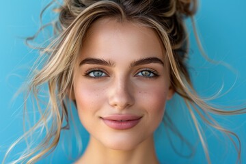 Wall Mural - A young woman with long blonde hair smiles softly, her blue eyes sparkling. Her hair gently flows around her face, creating a delicate, ethereal beauty