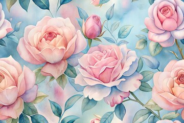 Wall Mural - Watercolor painting of pink roses on a blue background