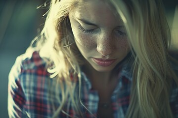 Wall Mural - A young woman with long, blonde hair and a plaid shirt gazes down, her face illuminated by the soft light filtering through the trees