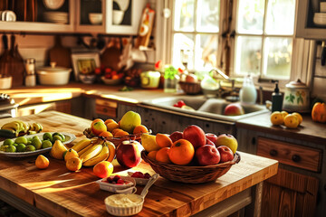 Wall Mural - A kitchen counter with a wooden cutting board and a variety of fruits and vegetables on it. Scene is warm and inviting, with the bright colors of the fruits