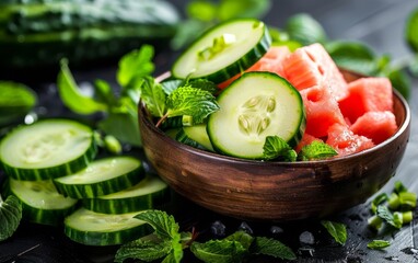 Hydrating Foods Eat cucumbers and watermelon, staying hydrated through food, concept