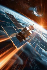 Wall Mural - a satellite is flying through space with a bright orange sun in the background. the satellite is sur
