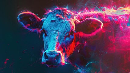 Wall Mural - Cow with a surreal, neon glow, predominantly in shades of blue and pink, with hints of red and purple