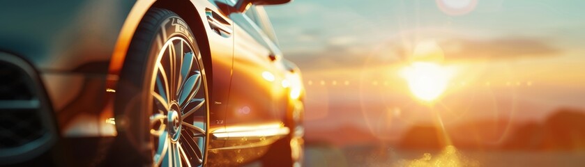 Wall Mural - A shiny white car with a chrome wheel. The car is parked on a street with a reflection of the car in the water