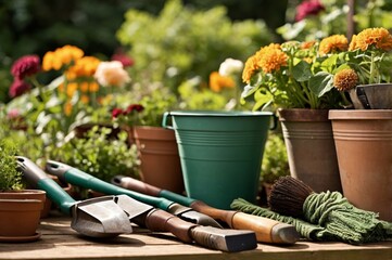 Sticker - Close-up of gardening tools bucket and potted flowers in garden setting bathed in warm sunlight