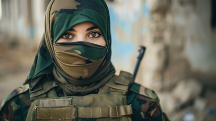 Beautiful woman muslim military special force elite hijab face cover wallpaper AI generated image